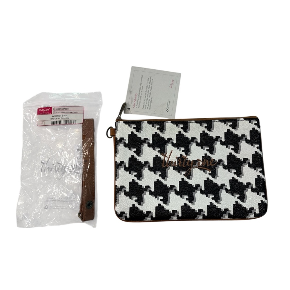 Thirty-One Patterned Travel Bag/Wristlet with Brown Trim and detachable Strap